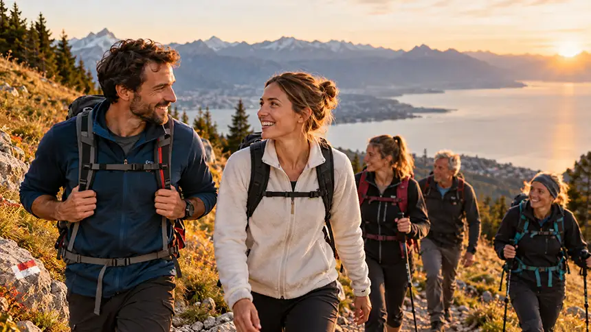 Un groupe de randonneurs souriants grimpe un sentier de montagne au coucher du soleil, avec un lac et les Alpes enneigées en arrière-plan