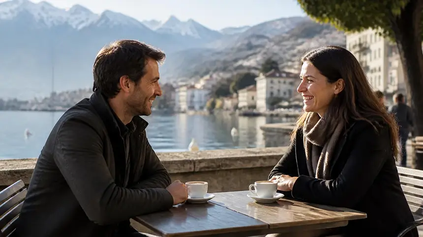 Un homme et une femme sourient à la terrasse d'un café au bord d'un lac, avec les montagnes enneigées en arrière-plan