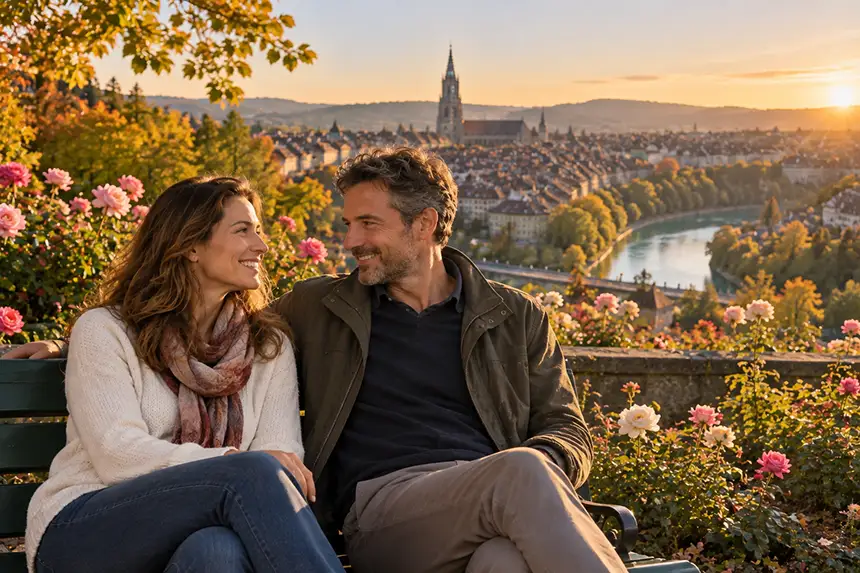 Un homme et une femme se sourient sur un banc de la roseraie de Berne, entourés de roses, avec la vieille ville, la cathédrale et l'Aar au soleil couchant