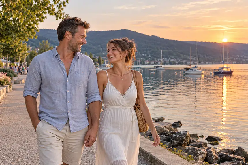 Un homme et une femme se promènent main dans la main sur les quais du lac de Bienne au coucher du soleil, avec des voiliers et les collines du Jura en arrière-plan