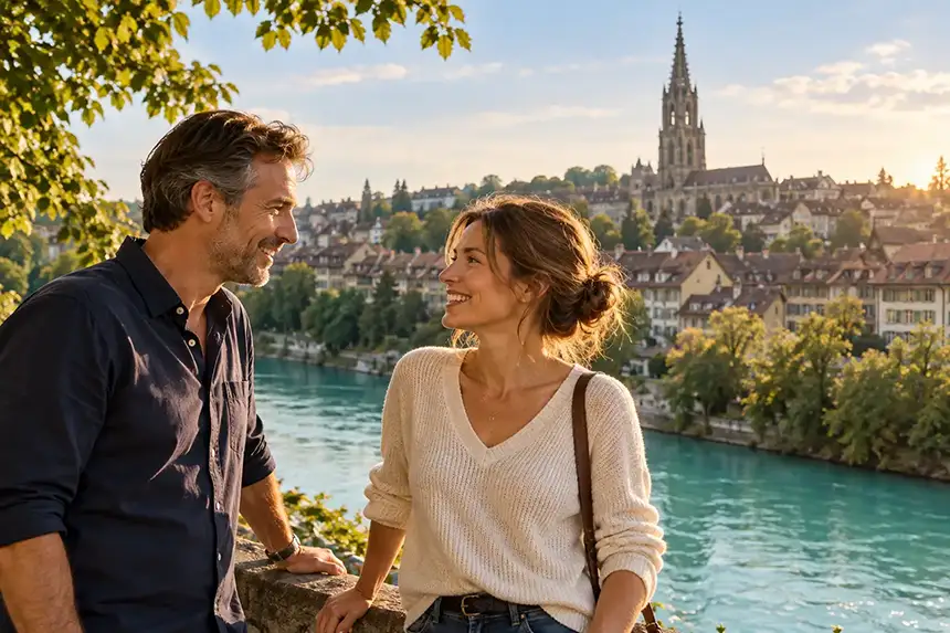 Un homme et une femme se sourient au bord de l'Aar turquoise, à Berne, avec la vieille ville et la cathédrale en arrière-plan, au soleil couchant